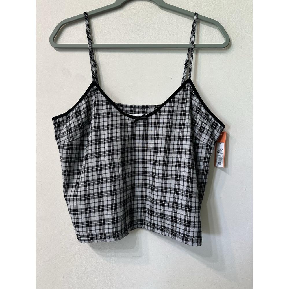 NWT Colsie Plaid Cami Crop Top Women Size L Gray Black Velvet Trim Tank Cami